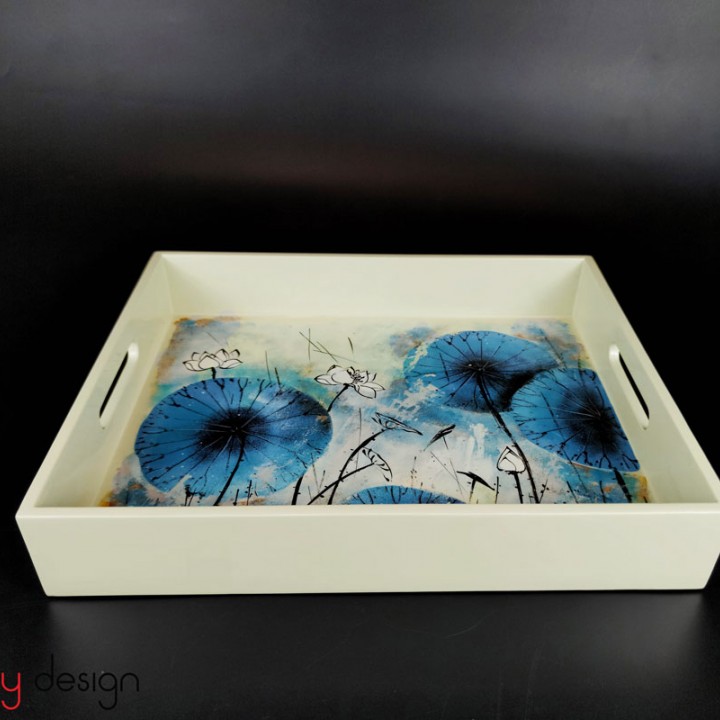 Cream rectangular lacquer tray with hand-painted lotus 30*36cm